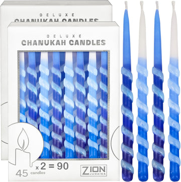 Dripless Hanukkah Candles Set - 45 Multi Tone Blue and White Ombre Spiral Candle Includes a DIY Dreidel, Prayer Card - Set of 45