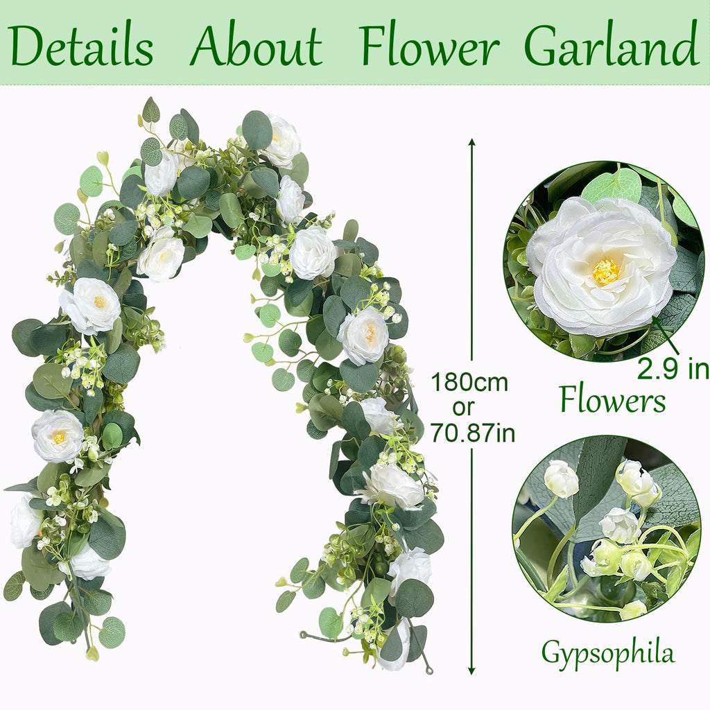 6Ft Artificial Eucalyptus White Flower Garland with Roses, 2 Pack
