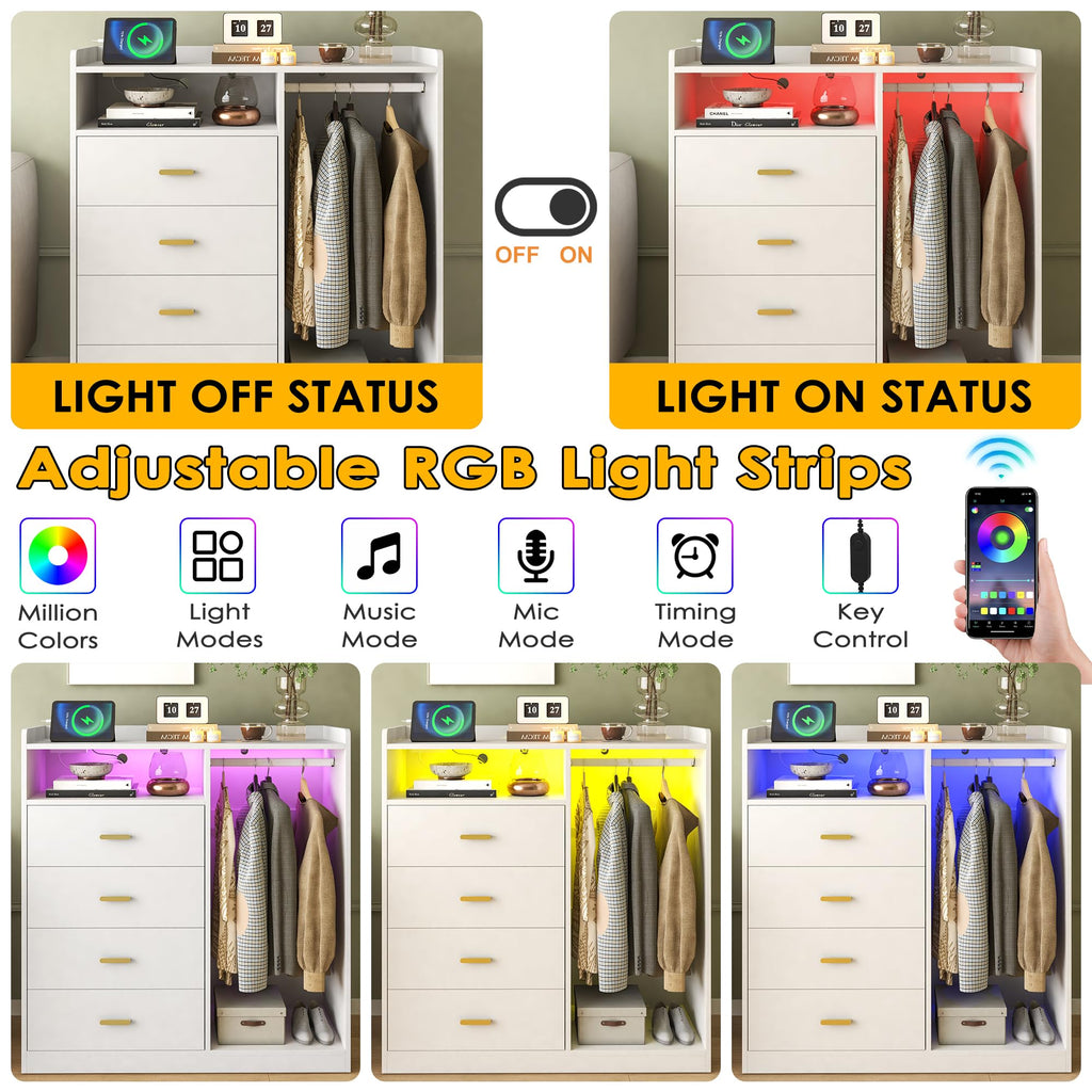 Dresser with Clothes Rack Wood, 4 Drawer Dresser White with LED Lights and Power Outlet, 15.7" D x 43.3" W x 45.7" H