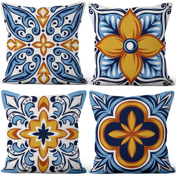 Bohemian Flowers Throw Pillow Cases 18"x18" Set of 4, Mandala Boho Pillowcase Hippie Geometry Cushion Covers for