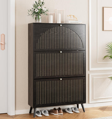 Shoe Storage Cabinet with 3 Fluted Flip Drawers, Black