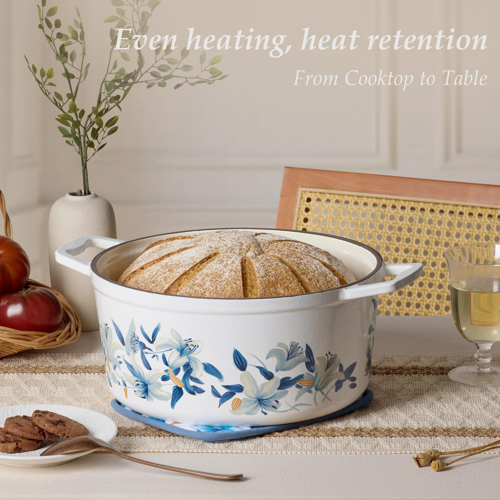7QT Enameled Cast Iron Dutch Oven Pot with Lid, White & Blue
