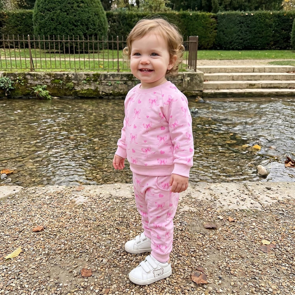 Toddler Baby Girl Outfit Clothes Fall Winter Bows Hearts Long Sleeve Sweatshirt Pullover Top and Pants Set