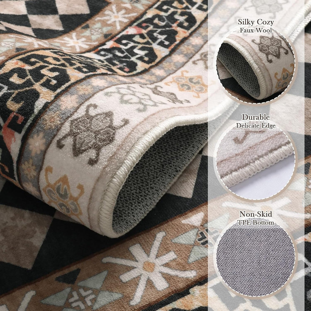 Washable Checkered Kitchen Rug, Black and Brown Trellis Rugs, Stain Resistant Non Slip Funky Carpet Throw Rugs