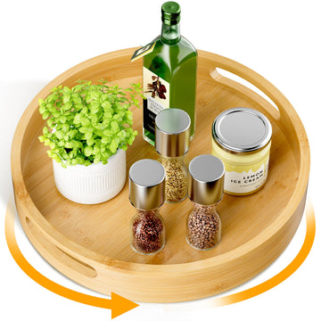 Lazy Susan Organizer 12 Inch Non-Skid Bamboo Lazy Susan Rotating Spice Rack with Handles, Wood Turntable