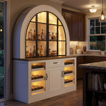 77" H Arched Wine Bar Cabinet with LED Light, Liquor Cabinet with Wine Racks & Countertop, Kitchen Pantry Cupboard