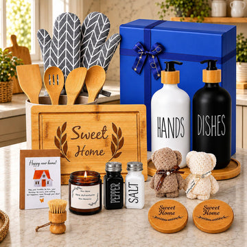 Housewarming Gifts New Home Basket, 21-Piece Including Cutting Board, Handwashing Set, and Aromatherapy - Ideal