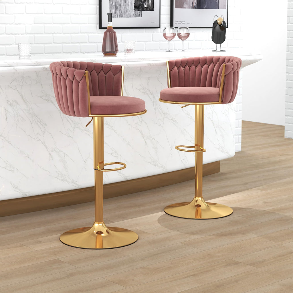 Gold Bar Stool Set of 6, Velvet Swivel Barstools, Height Adjustable Counter Stools with Woven Backrest, Upholstered