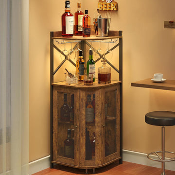 Corner Bar Cabinet with LED Lights,Industrial Wine Cabinet with Glass Holder,4-Tier Wine Cabinet with Door and