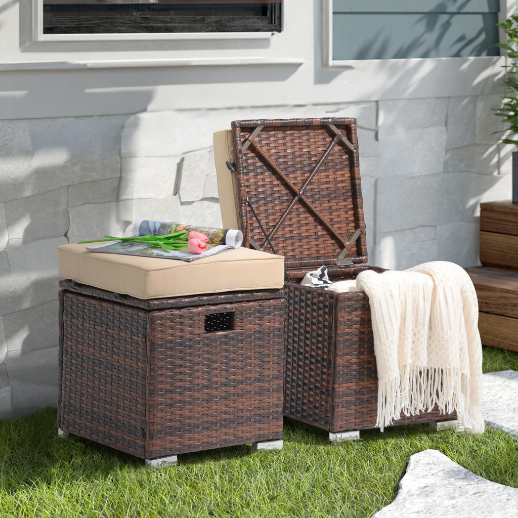 2 Piece Outdoor Patio Ottoman with Storage, Wicker, Beige