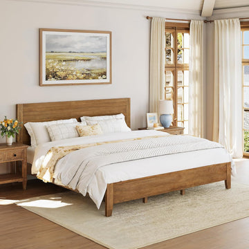 King Bed Frame and Headboard, 100% Solid Acacia Wood Platform, 800lb Heavy Duty Support with 10 Reinforced Legs