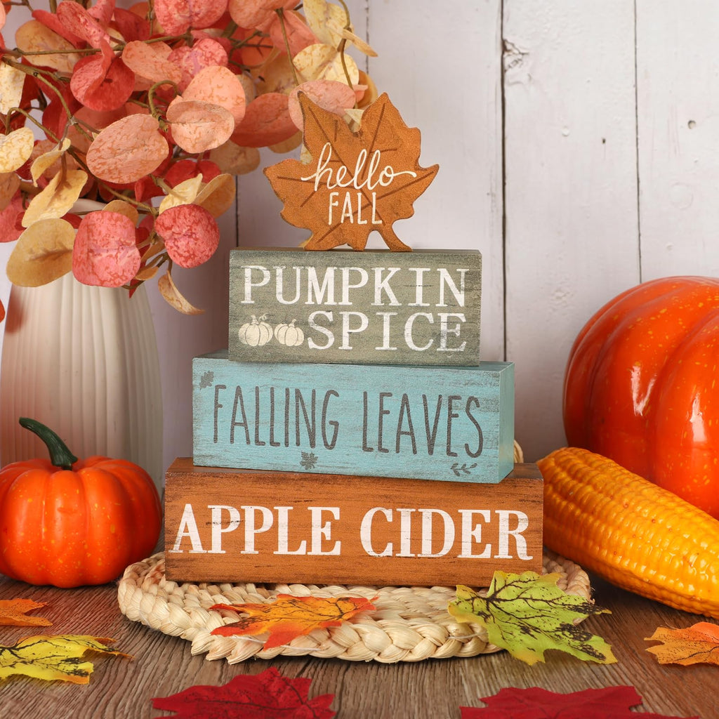 Fall Decorations Wooden Signs, 4 Sets Double Sided Rustic Farmhouse Fall Tiered Tray Decor, Pumpkin Spice Wooden