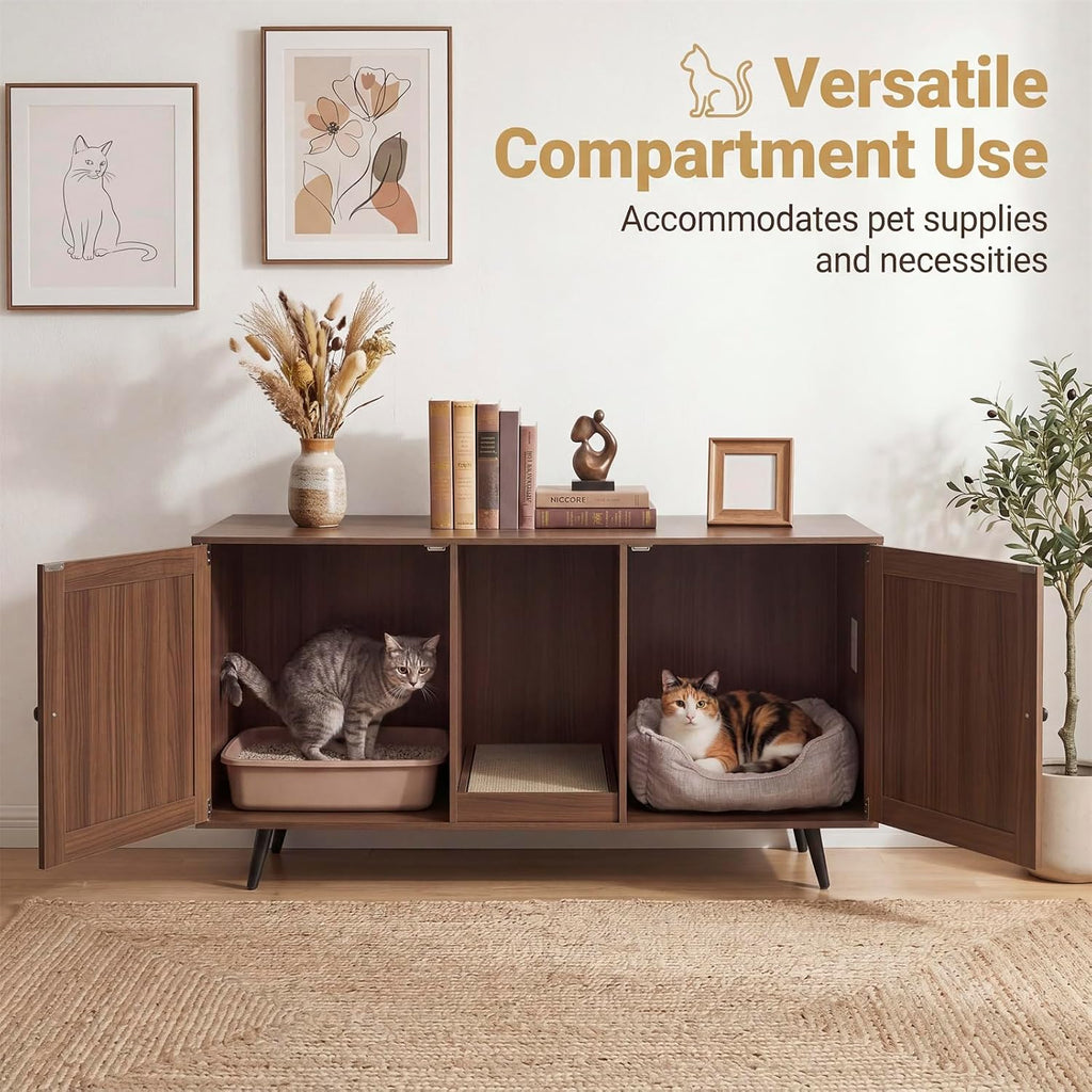 Cat Litter Box Enclosure Furniture for 2 Cats, Large Litter Box Cabinet with Scratching Board, and Adjustable Foot