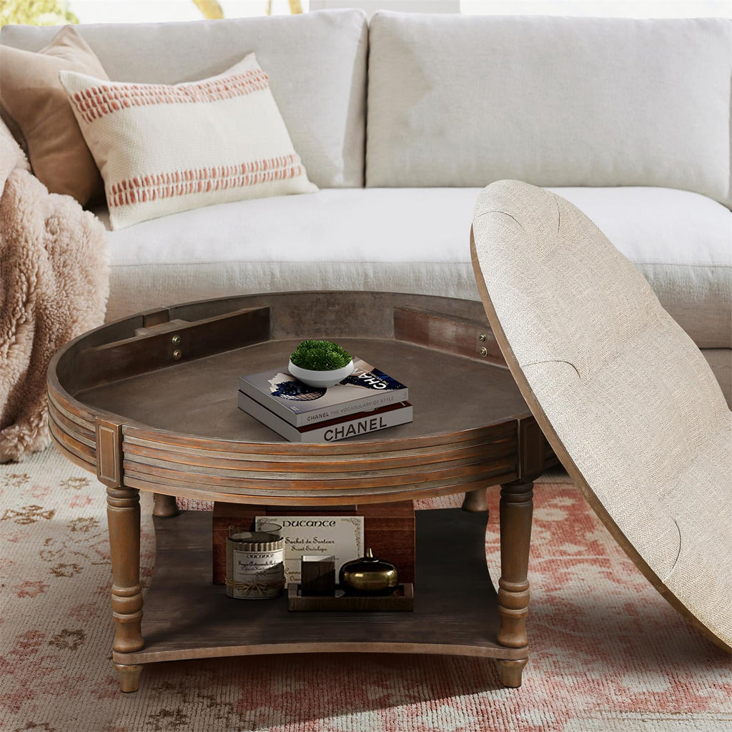 31.5in Farmhouse Round Ottoman Coffee Tables Office, Tufted Upholstered Linen Ottoman Centre Table with Storage Shelf