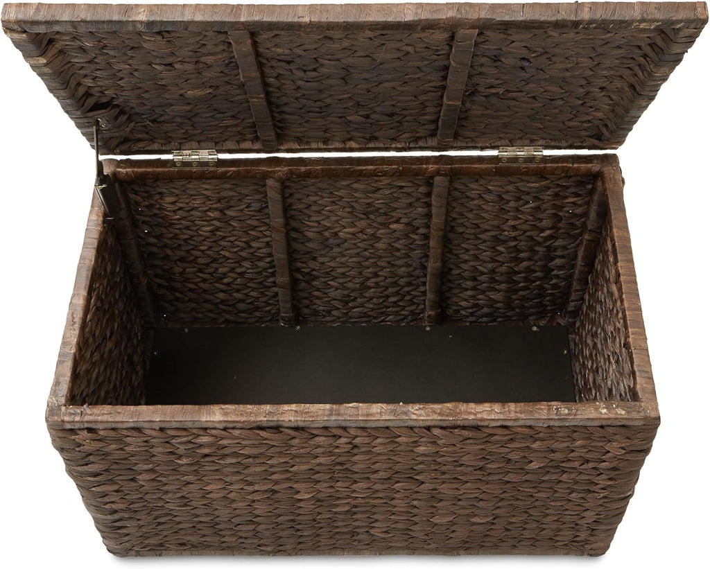 30" Storage Chest with Lid, Handles, Safety Hinge - Espresso Dark Brown, Hyacinth Wicker Storage Trunk for Entry Way