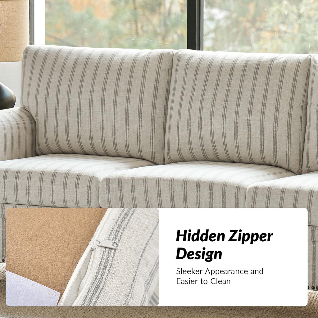 81" Farmhouse Couch with Stripe Pattern, 3 Seater Sofa with Solid Wood Legs and Rolled Wide Armrests, Comfy