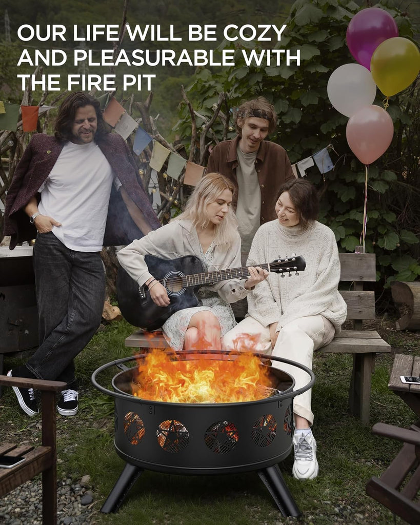 32 Inch Fire Pit with BBQ Grill & Mesh Cover, Wood Burning Fire Pits for Outside with Fire Poker