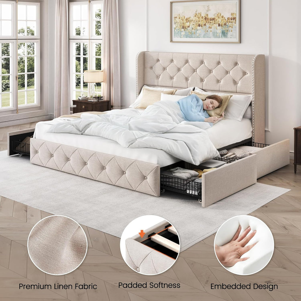 Queen Bed Frame with 4 Storage Drawers and 47.2" Tall Tufted Headboard Linen Upholstered Platform Bed Frame Wingback