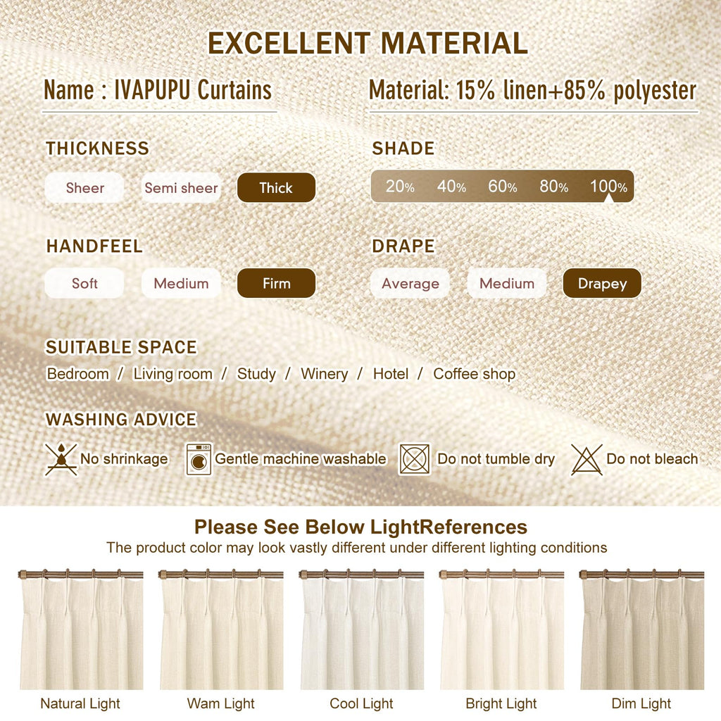 Cream Beige Pinch Pleated Full Blackout Linen Curtains 70x95