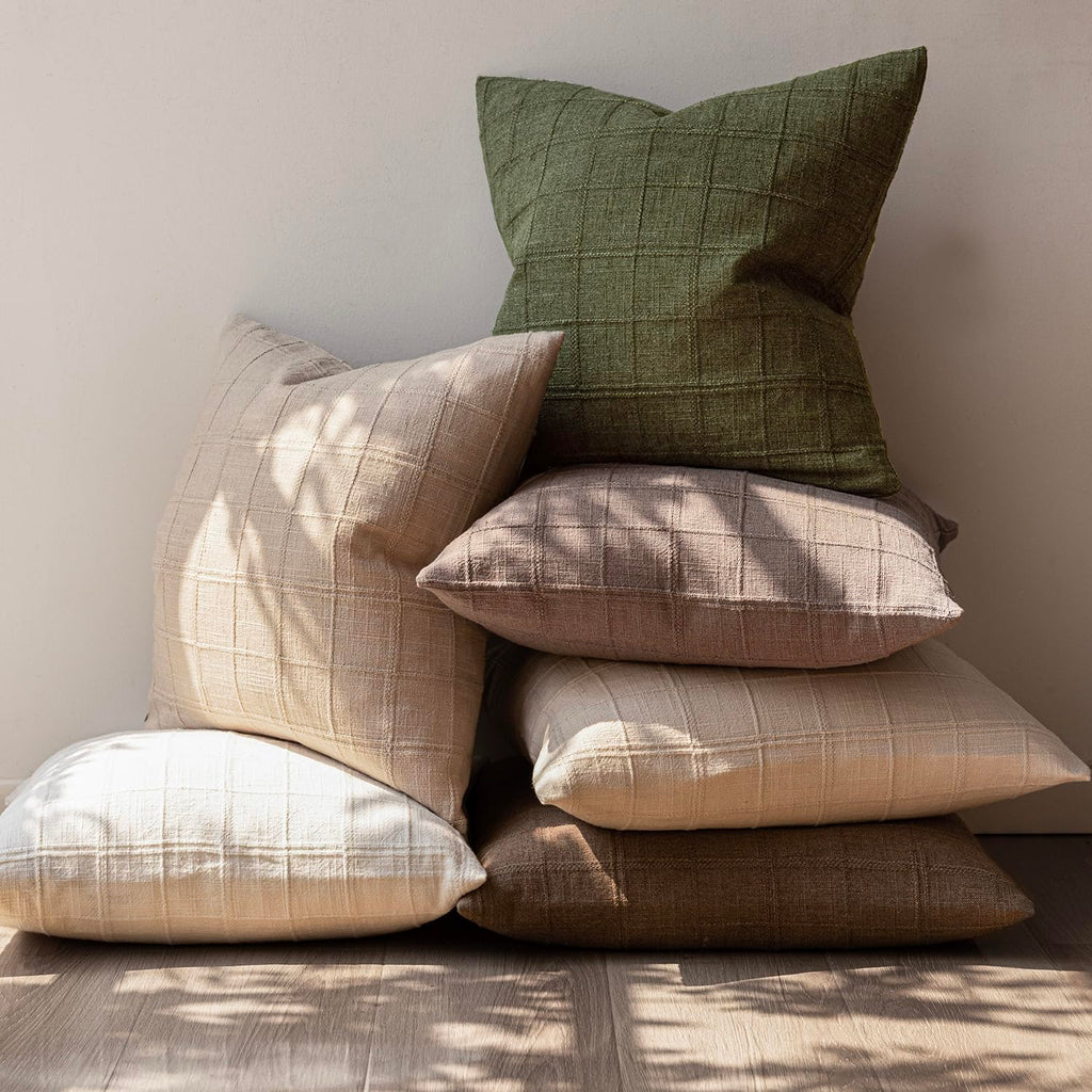 Boho Linen Check Decorative Throw Pillow Cover 20×20 Olive Green