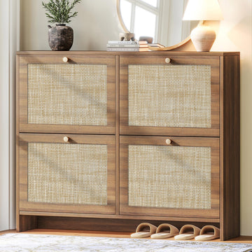 Shoe Cabinet Storage, 4-Flip Drawer Narrow Shoe Rack with Adjustable Shelves, Boho Modern Square Rattan Shoe
