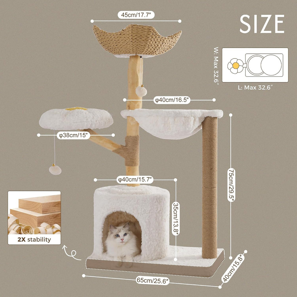 Modern Cat Tree with Hammock 48.5 Inches Cat Tower with Scratching Post, Featuring Real Wood Post, Large