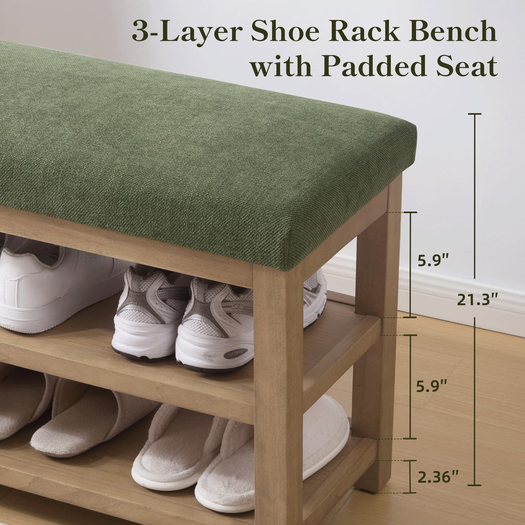 Shoe Rack Bench with Cushion, 2 Tier Solid Wood Storage Bench, Mid-Century Modern Shoe Bench, Closet, Front Door