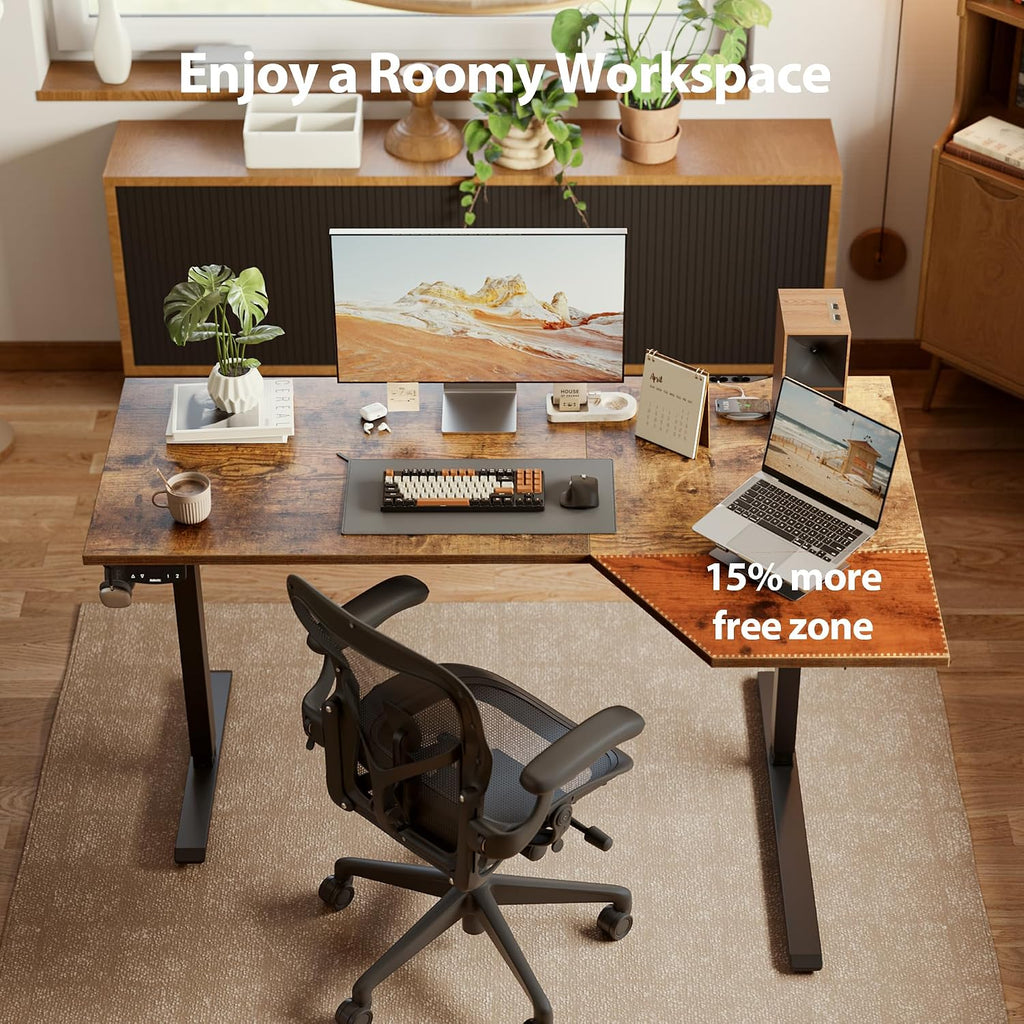 55 x 32 Inch Corner L Shaped Electric Standing Desk, Rustic Brown | Electric Height Adjustable, L-shape Workspace