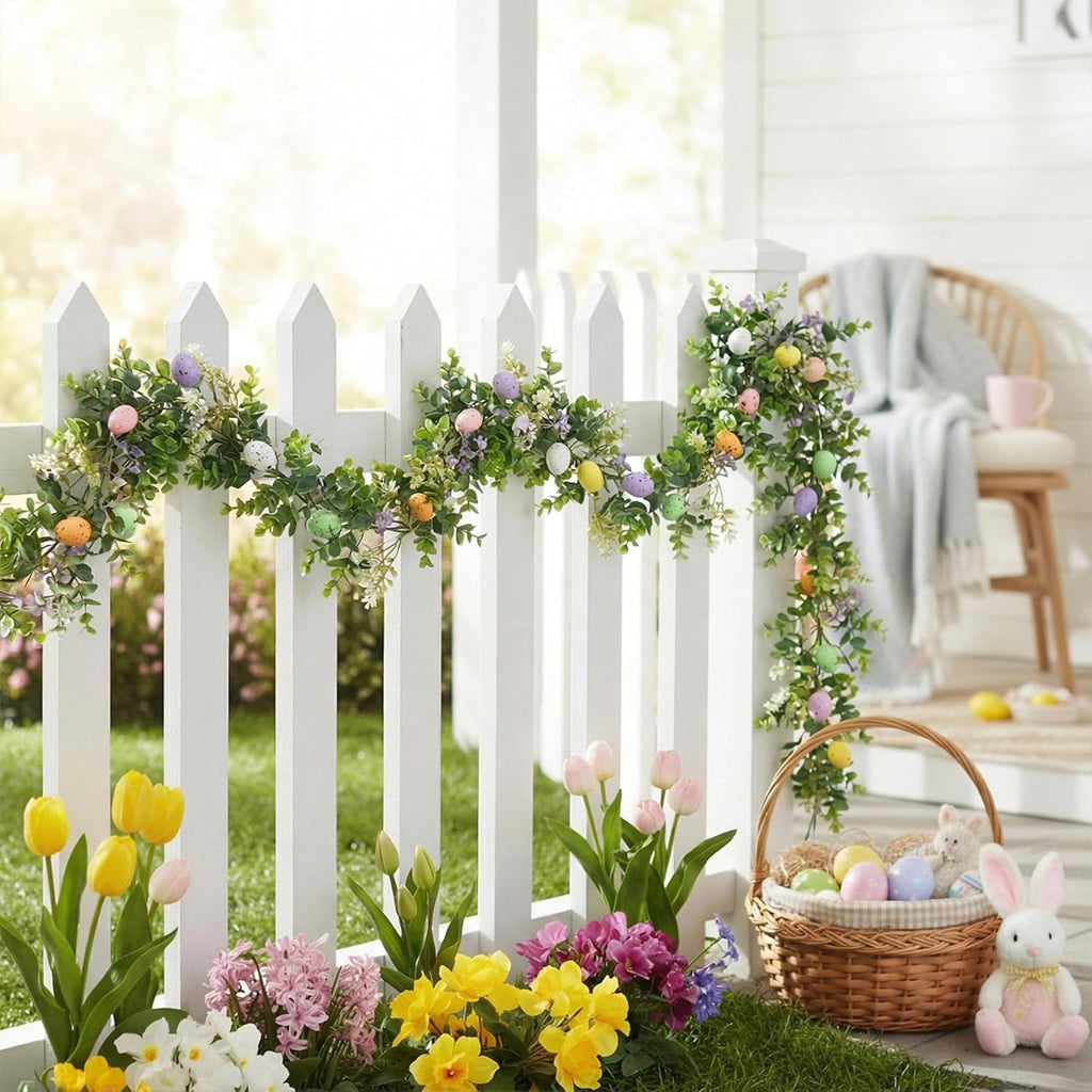 6FT Easter Garland with Muticolor Eggs and Greenery Leaves-Farmhouse Artificial Spring Vine Centerpiece - Set of 6