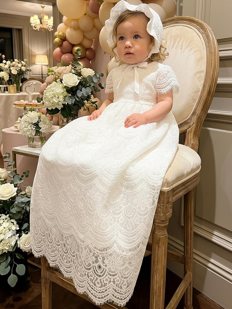 Baby Girls Christening Baptism Dress White Lace Gown with Bonnet