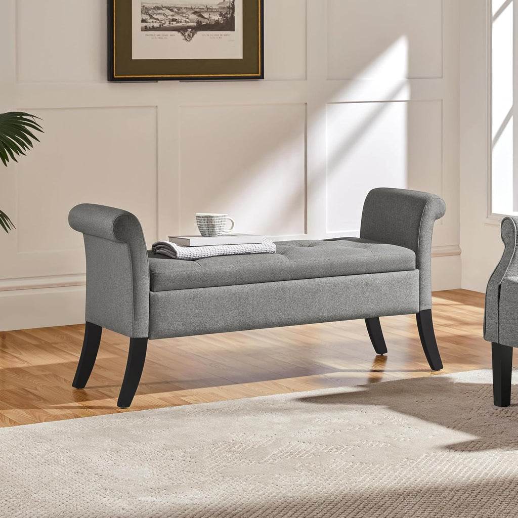 52in Rolled Arm Storage Ottoman Bench , Light Gray | Button-Tufted Bench Seat with 1.9C Storage Space, Rolled Arms