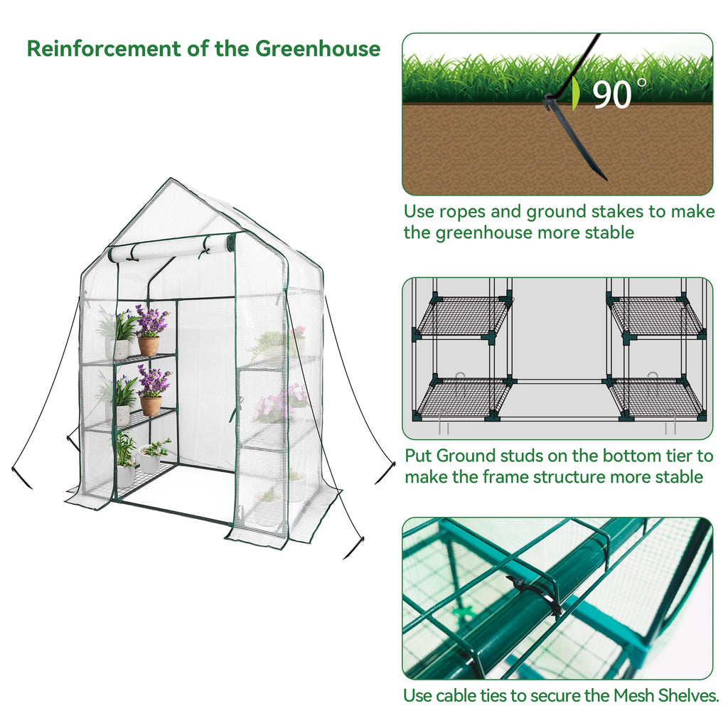 Walk in Greenhouse with 3 Tier 6 Shelves, 2 More Bottom Shelves Reinforced Plant House, Growhouse/Green House for