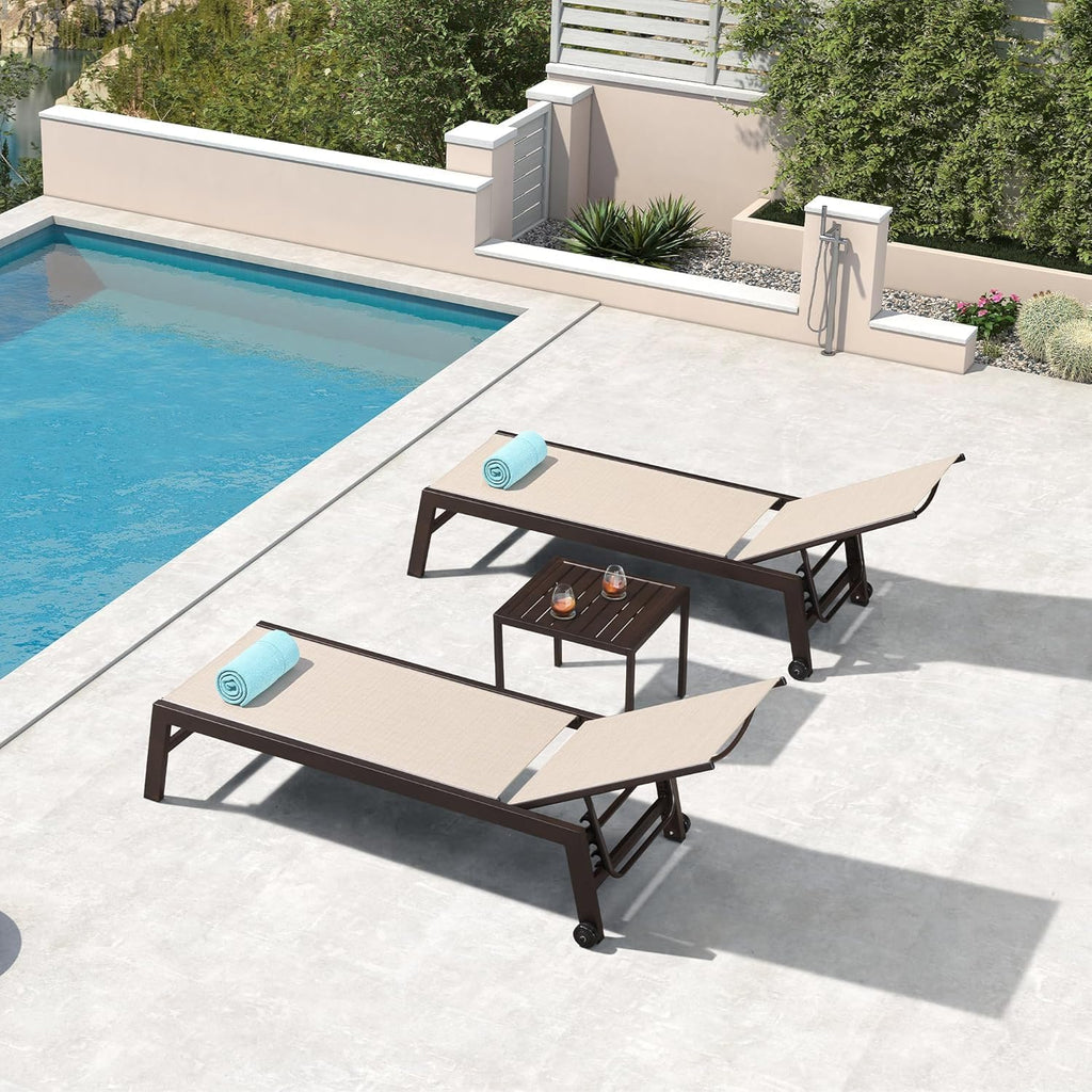 Chaise Lounge Chair Set of 2 Woven Textilene Aluminum Cream