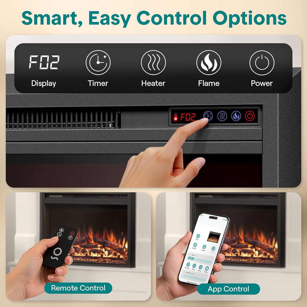 SereneLife Electric Fireplace Insert with Heater | Smart Wi-Fi App Control & Remote | 700W/1500W Adjustable Thermostat