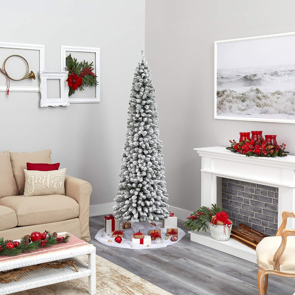 7ft. Flocked Pencil Artificial Christmas Tree with 400 Clear Lights and 574 Bendable Branches