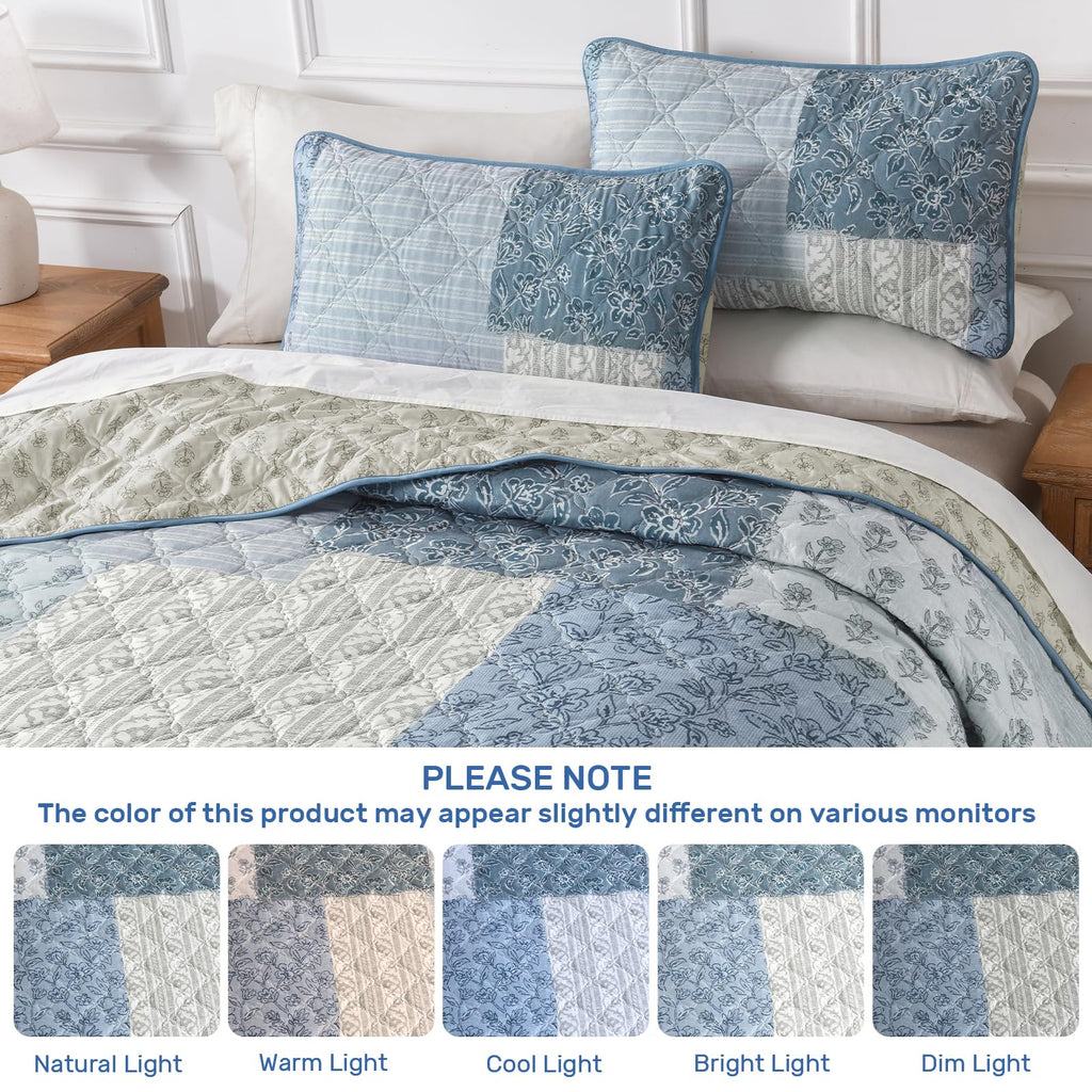 Blue Quilt Set, Reversible Floral Patchwork Bedspread
