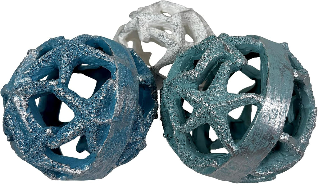 Decorative Orbs Coastal 4 Inch Resin Decorative Balls Set of 3 with Starfish Openwork Design, Blue Aqua Sand and