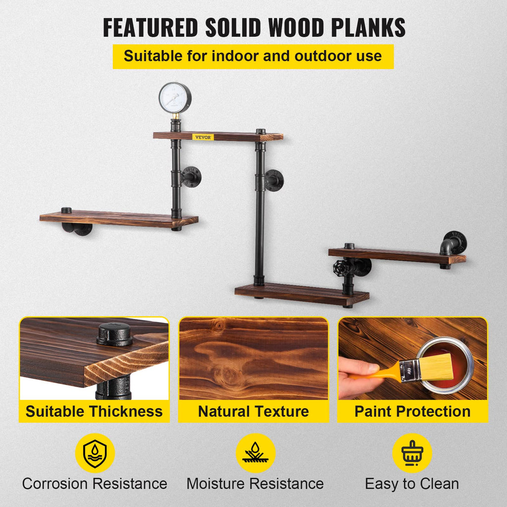 Industrial Pipe Shelving, Pipe Shelves with 4-Tier Wood Planks, Rustic Floating Shelves Wall Mounted, Wall Shelf DIY