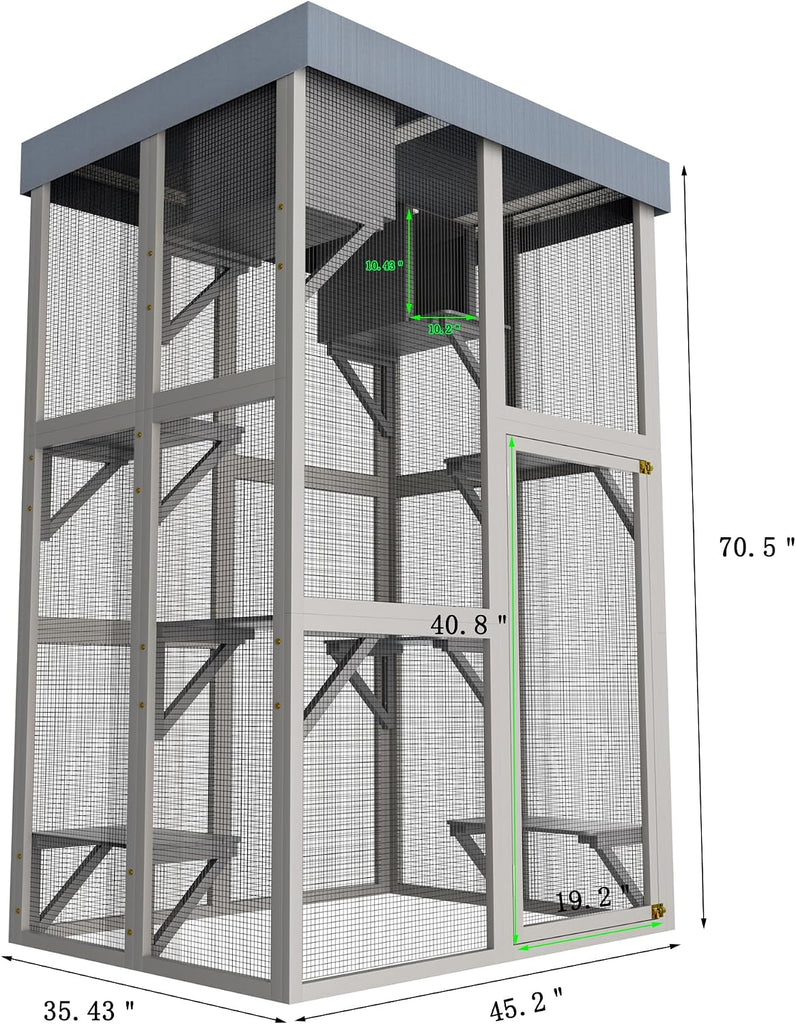 70.5 Inch Wooden Catio, Indoor Outdoor Cat Enclosure with 6 Platforms
