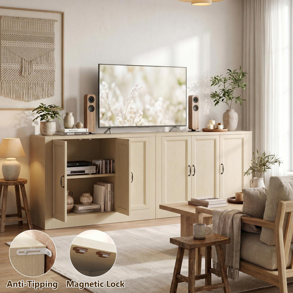 118" W Modern Buffet Cabinet, Modular Sideboard Cabinet with Baseboard Design & Adjustable Shelves, Sturdy Wood