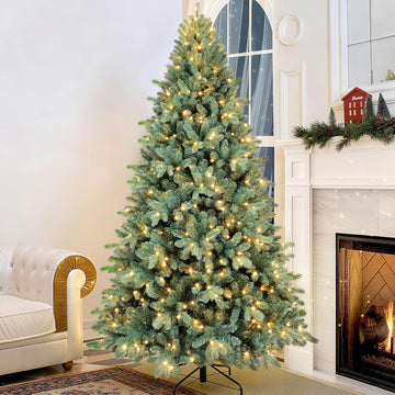 Prelit Artificial Christmas Tree, Blue Spruce Xmas Tree with Lights & Easy Setup Hinged Design, Realistic PE/PVC