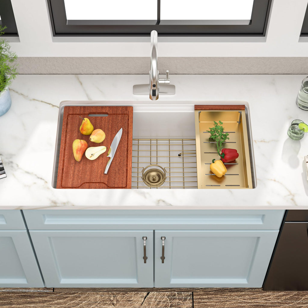 33"x19" White Undermount Kitchen Sink Workstaion - High-Gloss Ceramic Porcelain Fireclay Dual Mount Single Bowl Drop