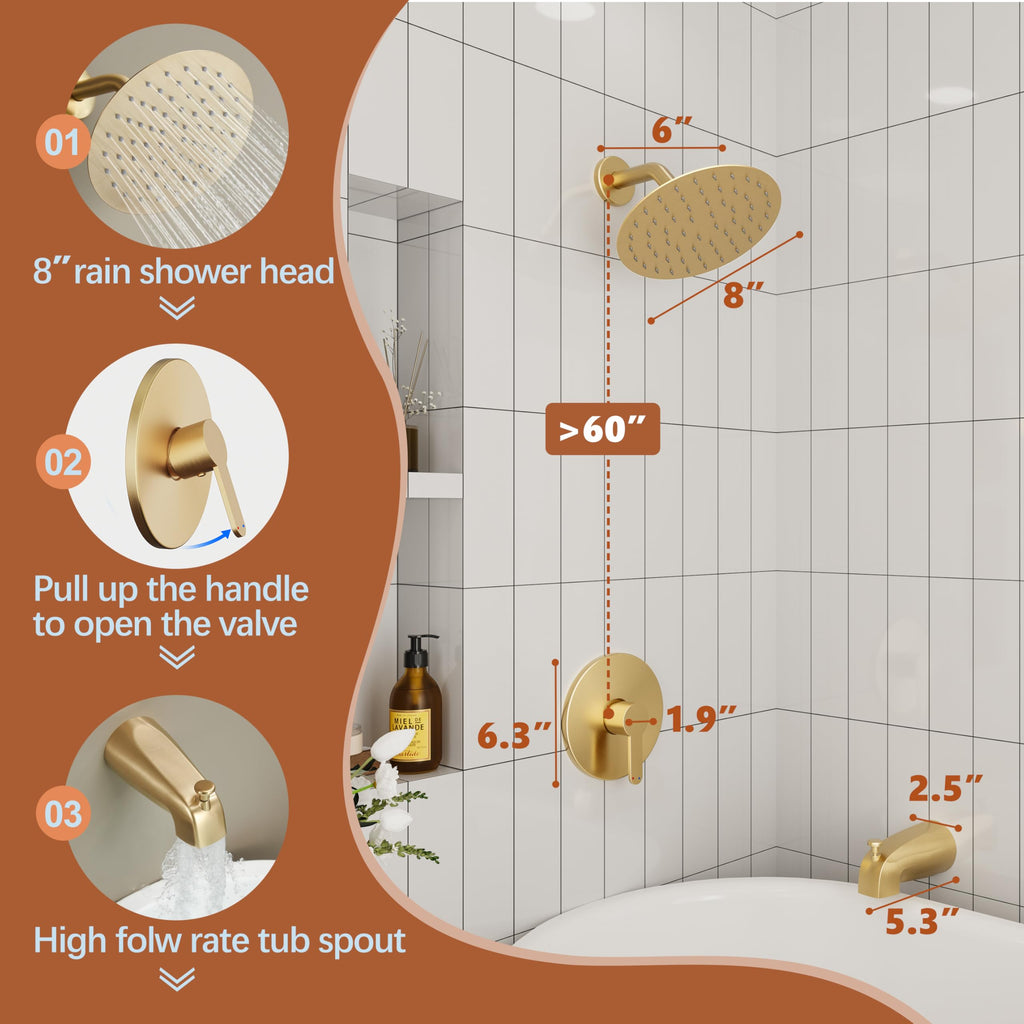Tub Shower Faucet Set, 8" Rain Shower Head & Spout, Brushed Gold