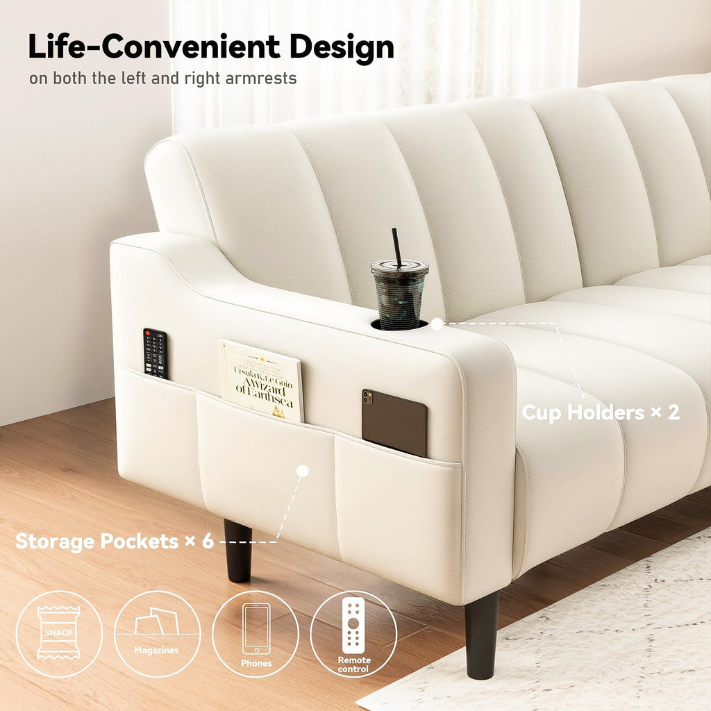 80'' Leather Couch, Futon Sofa Bed, Faux Leather Couch with Adjustable Backrest, 2 Cup Holders & Side Pockets, Mid