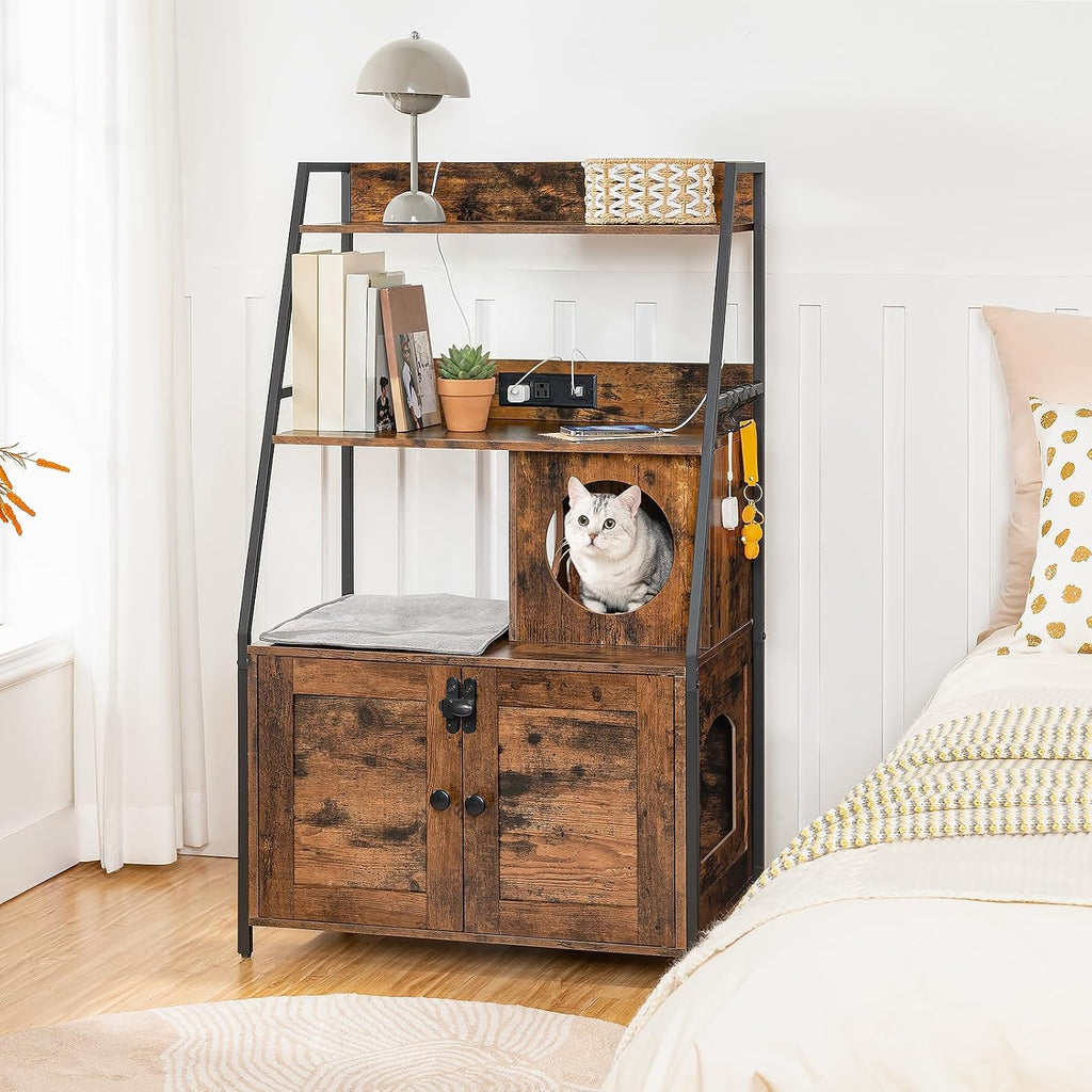 Litter Box Enclosure with 2 Storage Shelves, Tall Litter Box Furniture Hidden with Charging Station, Indoor Hidden