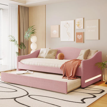 Full Size Upholstered Daybed with Trundle and LED Lights, Modern Wood Teddy Fleece Bed Frame with Slats Support and