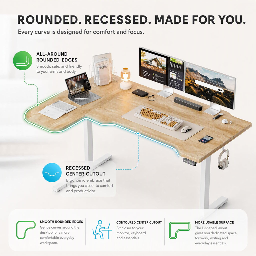 47" L Shaped Standing Desk, Electric Height Adjustable Corner Stand Up Desk with Ergonomic Curved Round Corner for