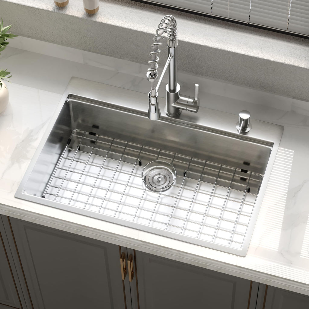 33" x 22" Drop Sink, 304T Stainless Steel Topmount Workstation Sink, Single Bowl with Integrated Ledge