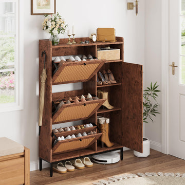 Shoe Cabinet Rattan with 3 Flip Drawers