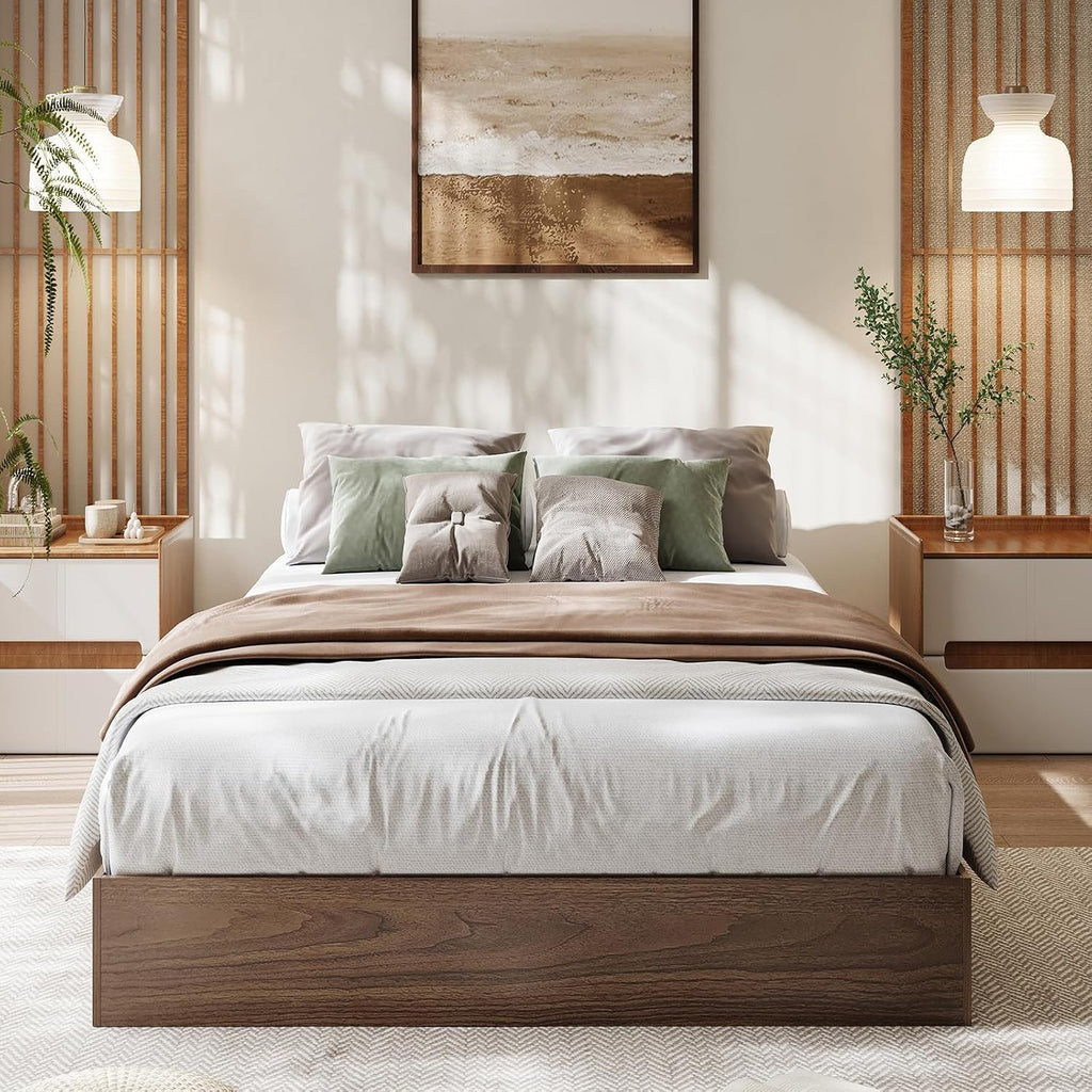 Wood Platform Bed Frame, Low Profile Floor Bed Frame with Wooden Slat Support, Minimalist Flat Bed Box